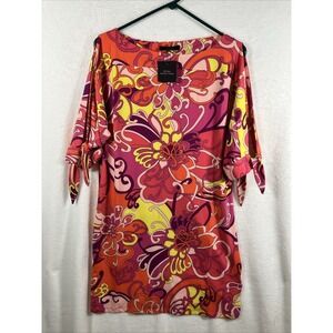 Trina Turk Floral Shift Dress Pink Orange Stretch Knit Tie Sleeve Resort L NWT